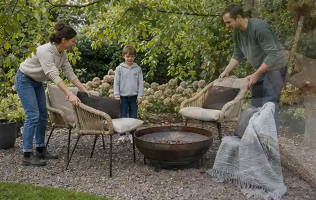 Familie stellt wetterfeste Sessel an einem geschützten Sitzplatz im Garten auf; Thema Sichtschutzmatten, Schwerpunkt Fundament; Ergebnis.