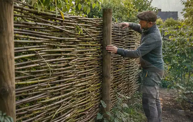 Person befestigt geflochtene Weidenruten an stabilen Holzpfosten im Garten; Thema Sichtschutzmatten, Schwerpunkt Fundament; Praxisalltag.