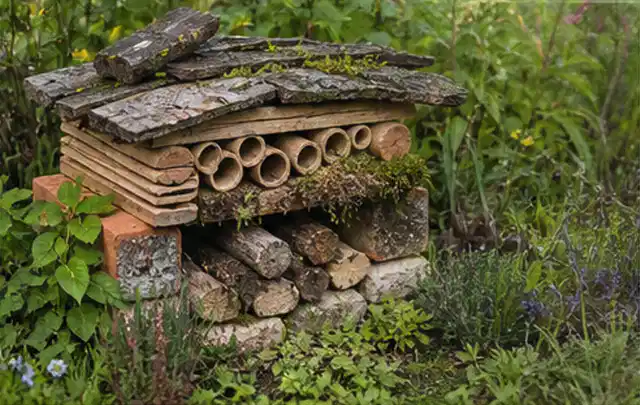 Naturnaher Unterschlupf aus Holz Rinde und Pflanzenstängeln im Garten; Thema Sichtschutzmatten, Schwerpunkt Gärten mit kleiner Fläche; Praxisalltag.