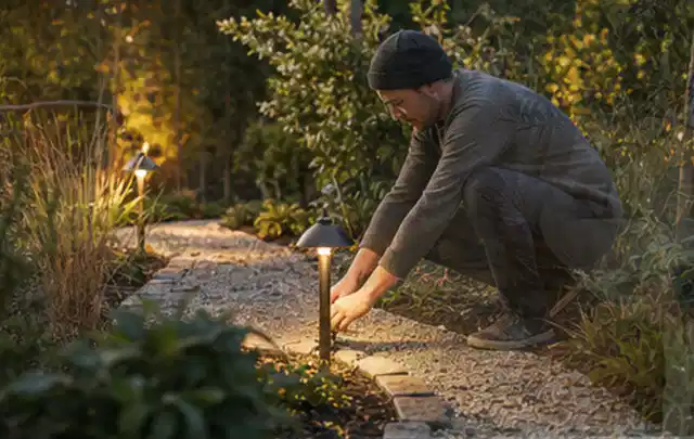 Person richtet eine niedrige warm leuchtende Gartenlampe am Kiesweg aus; Thema Sichtschutzmatten, Schwerpunkt Gestaltung; Umsetzung.