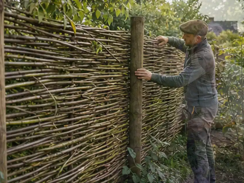 Person befestigt geflochtene Weidenruten an stabilen Holzpfosten im Garten; Thema Sichtschutzmatten, Schwerpunkt Kosten; Titelbild.