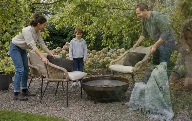 Familie stellt wetterfeste Sessel an einem geschützten Sitzplatz im Garten auf; Thema Sichtschutzmatten, Schwerpunkt Kosten; Ausgangslage.