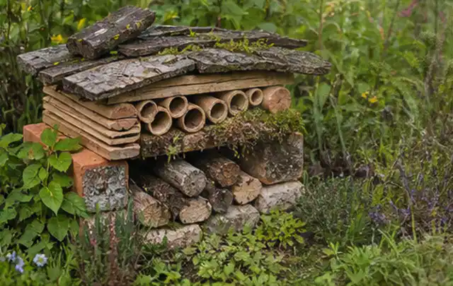 Naturnaher Unterschlupf aus Holz Rinde und Pflanzenstängeln im Garten; Thema Sichtschutzmatten, Schwerpunkt Kosten; Ergebnis.