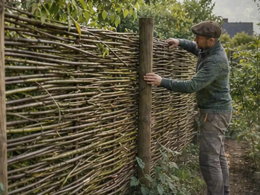 Person befestigt geflochtene Weidenruten an stabilen Holzpfosten im Garten; Thema Sichtschutzmatten, Schwerpunkt Materialwahl; Titelbild.