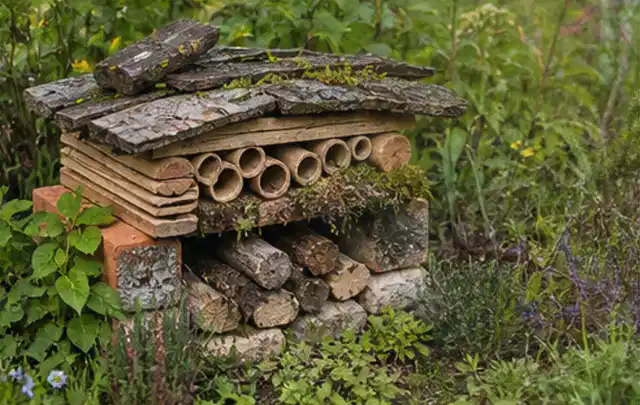 Naturnaher Unterschlupf aus Holz Rinde und Pflanzenstängeln im Garten; Thema Sichtschutzmatten, Schwerpunkt Materialwahl; Umsetzung.