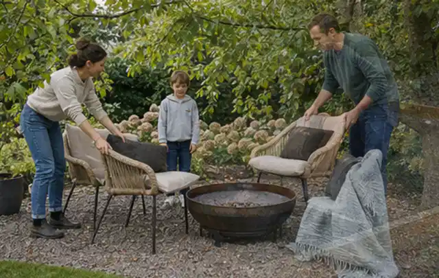 Familie stellt wetterfeste Sessel an einem geschützten Sitzplatz im Garten auf; Thema Sichtschutzmatten, Schwerpunkt Materialwahl; Kontrolle.