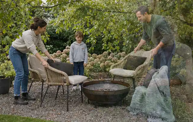 Familie stellt wetterfeste Sessel an einem geschützten Sitzplatz im Garten auf; Thema Sichtschutzmatten, Schwerpunkt Nachhaltigkeit; Ausgangslage.