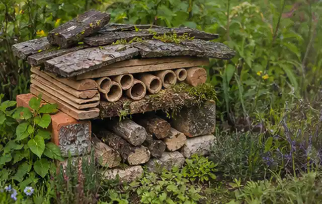 Naturnaher Unterschlupf aus Holz Rinde und Pflanzenstängeln im Garten; Thema Sichtschutzmatten, Schwerpunkt Pflege; Ausgangslage.