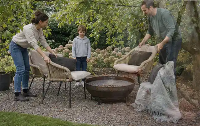 Familie stellt wetterfeste Sessel an einem geschützten Sitzplatz im Garten auf; Thema Sichtschutzmatten, Schwerpunkt Pflege; Umsetzung.