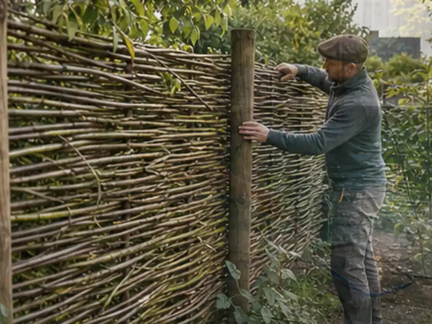 Person befestigt geflochtene Weidenruten an stabilen Holzpfosten im Garten; Thema Sichtschutzmatten, Schwerpunkt Planung; Titelbild.