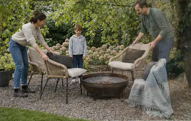 Familie stellt wetterfeste Sessel an einem geschützten Sitzplatz im Garten auf; Thema Sichtschutzmatten, Schwerpunkt Planung; Praxisalltag.