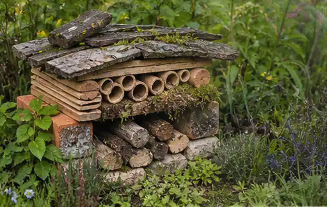 Naturnaher Unterschlupf aus Holz Rinde und Pflanzenstängeln im Garten; Thema Sichtschutzmatten, Schwerpunkt Sichtschutz; Ausgangslage.