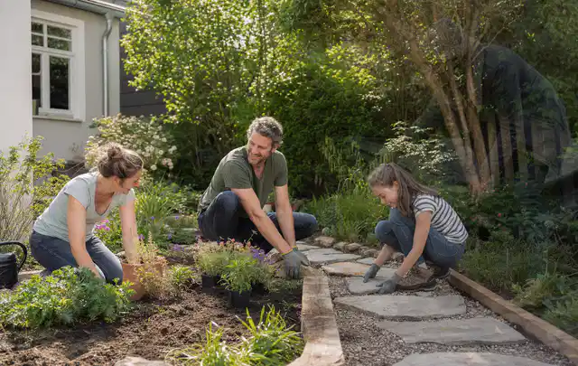 Familie geht auf einem Weg durch einen abwechslungsreich gestalteten Garten; Thema Sichtschutzmatten, Schwerpunkt Sichtschutz; Kontrolle.