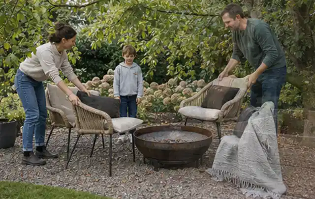 Familie stellt wetterfeste Sessel an einem geschützten Sitzplatz im Garten auf; Thema Sichtschutzmatten, Schwerpunkt Sichtschutz; Ergebnis.