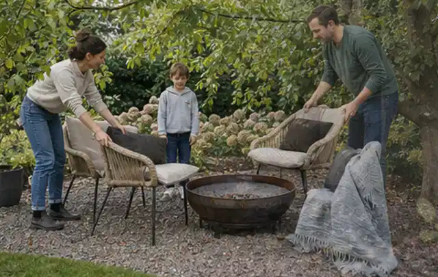 Familie stellt wetterfeste Sessel an einem geschützten Sitzplatz im Garten auf; Thema Sichtschutzmatten, Schwerpunkt Standort; Ausgangslage.