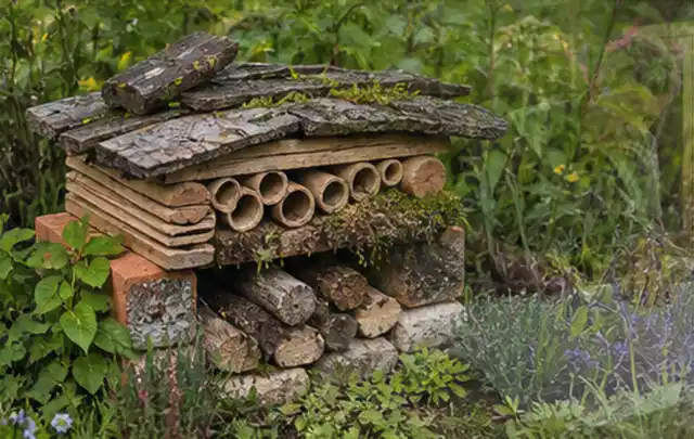 Naturnaher Unterschlupf aus Holz Rinde und Pflanzenstängeln im Garten; Thema Sichtschutzmatten, Schwerpunkt Standort; Ergebnis.