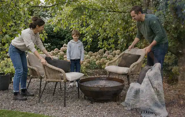 Familie stellt wetterfeste Sessel an einem geschützten Sitzplatz im Garten auf; Thema Sichtschutzmatten, Schwerpunkt Winterschutz; Ausgangslage.
