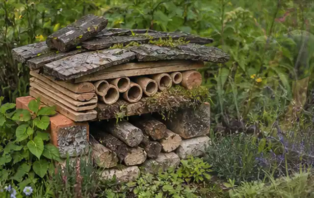 Naturnaher Unterschlupf aus Holz Rinde und Pflanzenstängeln im Garten; Thema Sichtschutzmatten, Schwerpunkt Winterschutz; Ergebnis.