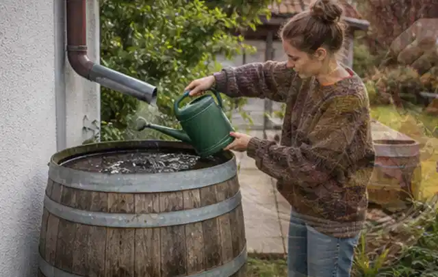 Person kontrolliert ein gefülltes Regenfass unter einem Fallrohr am Haus; Thema Smart Garden Bewässerung, Schwerpunkt Anwendung; Kontrolle.