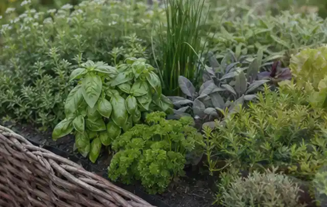 Dichtes Hochbeet mit Basilikum Schnittlauch Petersilie Salbei und weiteren Küchenkräutern; Thema Smart Garden Bewässerung, Schwerpunkt Anwendung;…