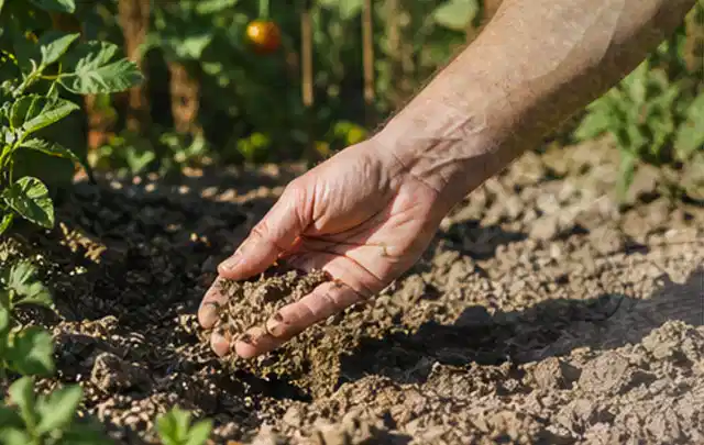 Hand prüft trockene krümelige Gartenerde während einer warmen Sommerphase; Thema Smart Garden Bewässerung, Schwerpunkt Bestenliste; Ergebnis.
