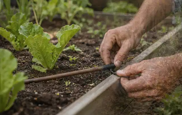 Hände befestigen einen Tropfschlauch nahe an jungen Pflanzen im Hochbeet; Thema Smart Garden Bewässerung, Schwerpunkt Bewässerung; Kontrolle.