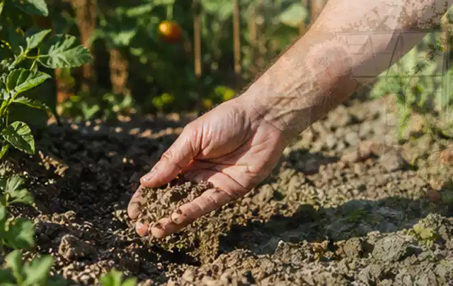 Hand prüft trockene krümelige Gartenerde während einer warmen Sommerphase; Thema Smart Garden Bewässerung, Schwerpunkt Bewässerung; Ergebnis.