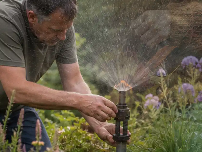 Person richtet einen laufenden Gartensprenger zwischen Stauden präzise aus; Thema Smart Garden Bewässerung, Schwerpunkt Checkliste; Titelbild.