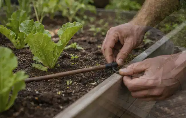Hände befestigen einen Tropfschlauch nahe an jungen Pflanzen im Hochbeet; Thema Smart Garden Bewässerung, Schwerpunkt Checkliste; Umsetzung.