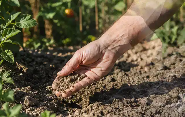 Hand prüft trockene krümelige Gartenerde während einer warmen Sommerphase; Thema Smart Garden Bewässerung, Schwerpunkt Dimensionierung; Ergebnis.