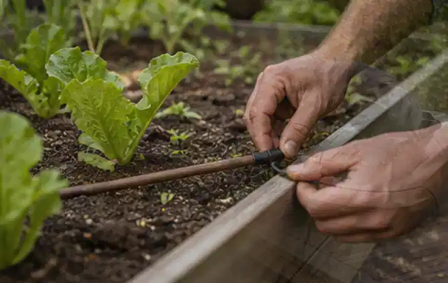 Hände befestigen einen Tropfschlauch nahe an jungen Pflanzen im Hochbeet; Thema Smart Garden Bewässerung, Schwerpunkt Dimensionierung; Praxisalltag.