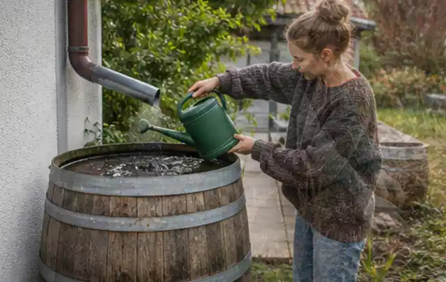 Person kontrolliert ein gefülltes Regenfass unter einem Fallrohr am Haus; Thema Smart Garden Bewässerung, Schwerpunkt Ersatzteile; Kontrolle.