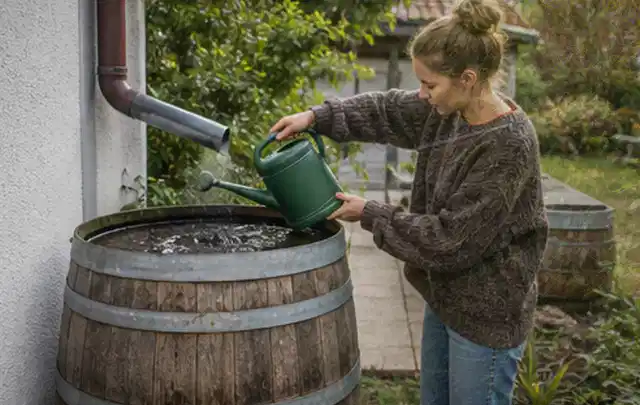Person kontrolliert ein gefülltes Regenfass unter einem Fallrohr am Haus; Thema Smart Garden Bewässerung, Schwerpunkt Gärten mit großer Fläche;…