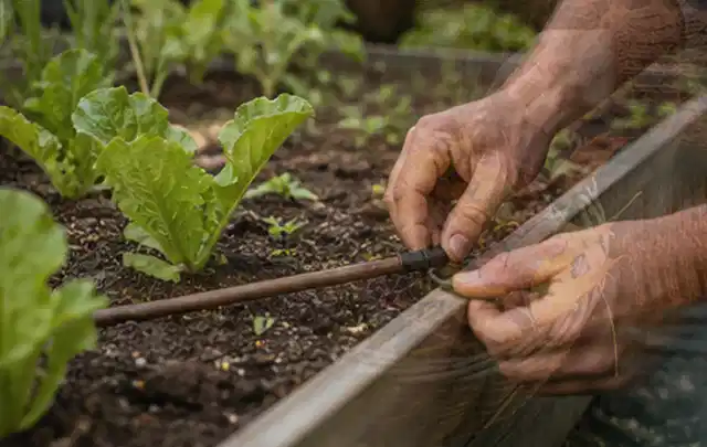 Hände befestigen einen Tropfschlauch nahe an jungen Pflanzen im Hochbeet; Thema Smart Garden Bewässerung, Schwerpunkt Gärten mit großer Fläche; Kontrolle.