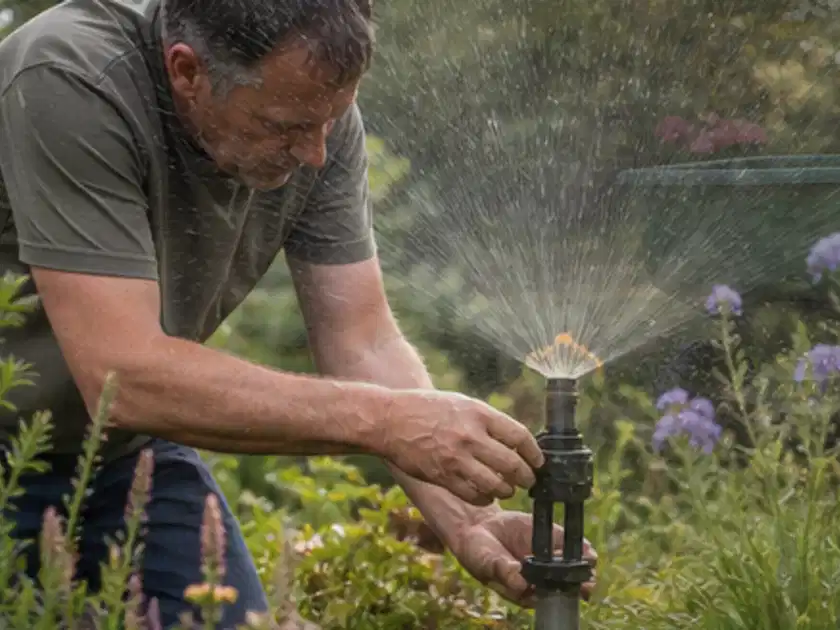 Person richtet einen laufenden Gartensprenger zwischen Stauden präzise aus; Thema Smart Garden Bewässerung, Schwerpunkt Gärten mit kleiner Fläche;…