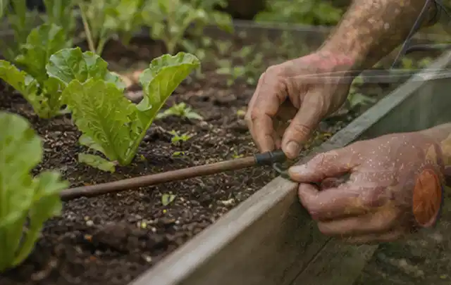 Hände befestigen einen Tropfschlauch nahe an jungen Pflanzen im Hochbeet; Thema Smart Garden Bewässerung, Schwerpunkt Gärten mit kleiner Fläche;…