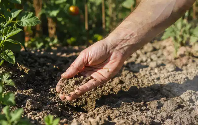 Hand prüft trockene krümelige Gartenerde während einer warmen Sommerphase; Thema Smart Garden Bewässerung, Schwerpunkt Gärten mit kleiner Fläche;…