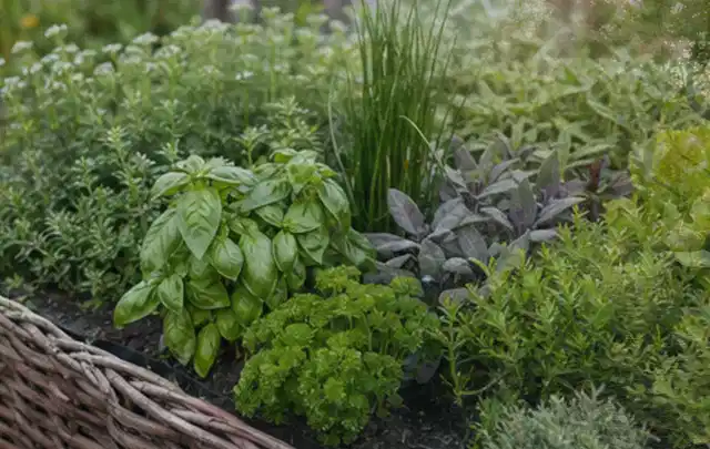 Dichtes Hochbeet mit Basilikum Schnittlauch Petersilie Salbei und weiteren Küchenkräutern; Thema Smart Garden Bewässerung, Schwerpunkt Gärten mit kleiner…