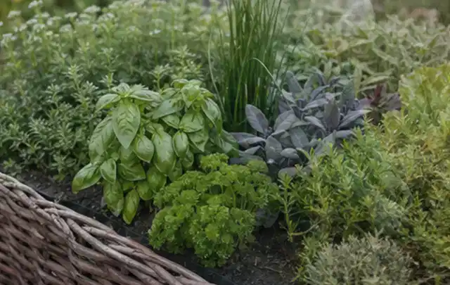 Dichtes Hochbeet mit Basilikum Schnittlauch Petersilie Salbei und weiteren Küchenkräutern; Thema Smart Garden Bewässerung, Schwerpunkt Kaufberatung;…