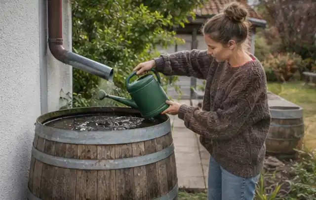 Person kontrolliert ein gefülltes Regenfass unter einem Fallrohr am Haus; Thema Smart Garden Bewässerung, Schwerpunkt Kaufberatung; Kontrolle.