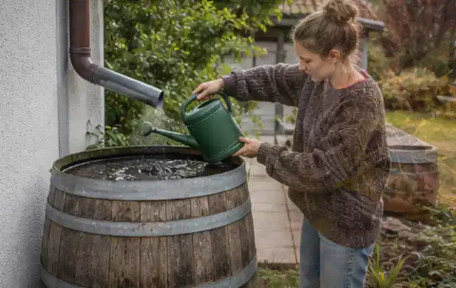 Person kontrolliert ein gefülltes Regenfass unter einem Fallrohr am Haus; Thema Smart Garden Bewässerung, Schwerpunkt Kosten; Ergebnis.
