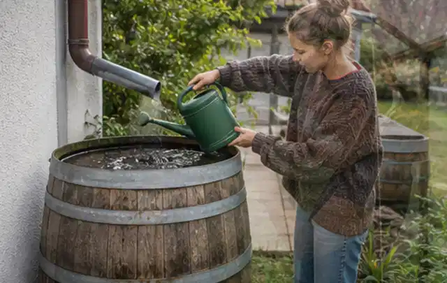 Person kontrolliert ein gefülltes Regenfass unter einem Fallrohr am Haus; Thema Smart Garden Bewässerung, Schwerpunkt Nachhaltigkeit; Praxisalltag.