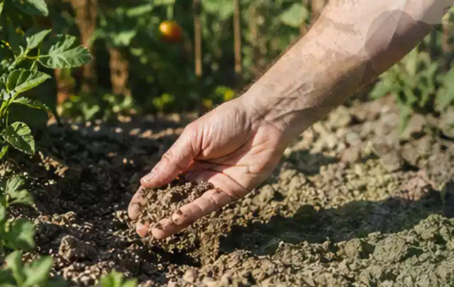 Hand prüft trockene krümelige Gartenerde während einer warmen Sommerphase; Thema Smart Garden, Schwerpunkt Bewässerung; Ergebnis.