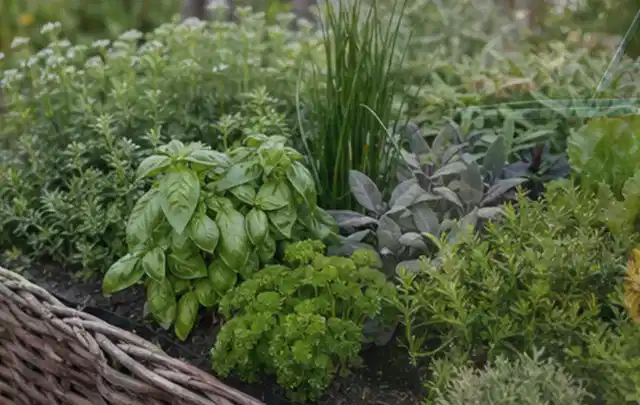 Dichtes Hochbeet mit Basilikum Schnittlauch Petersilie Salbei und weiteren Küchenkräutern; Thema Smart Garden Bewässerung, Schwerpunkt Reparatur;…