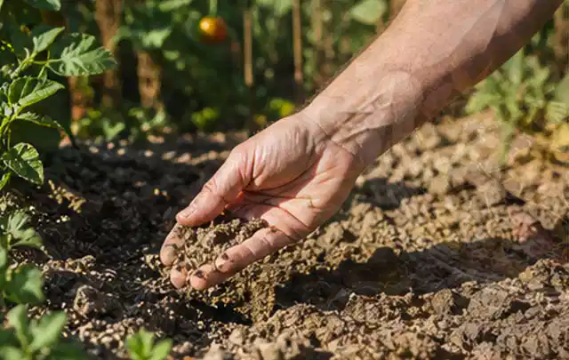 Hand prüft trockene krümelige Gartenerde während einer warmen Sommerphase; Thema Smart Garden Bewässerung, Schwerpunkt Reparatur; Praxisalltag.