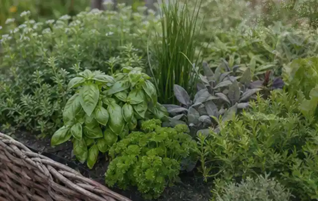 Dichtes Hochbeet mit Basilikum Schnittlauch Petersilie Salbei und weiteren Küchenkräutern; Thema Smart Garden Bewässerung, Schwerpunkt Sicherheit;…
