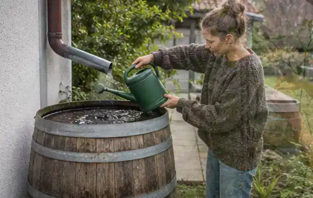 Person kontrolliert ein gefülltes Regenfass unter einem Fallrohr am Haus; Thema Smart Garden Bewässerung, Schwerpunkt Vergleich; Umsetzung.
