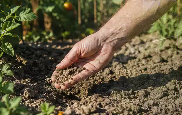 Hand prüft trockene krümelige Gartenerde während einer warmen Sommerphase; Thema Smart Garden Bewässerung, Schwerpunkt Wartung; Umsetzung.