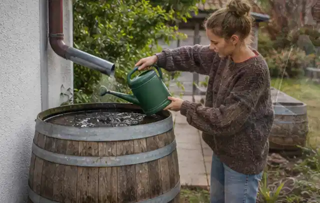 Person kontrolliert ein gefülltes Regenfass unter einem Fallrohr am Haus; Thema Smart Garden Bewässerung, Schwerpunkt Wartung; Praxisalltag.