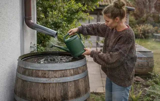 Person kontrolliert ein gefülltes Regenfass unter einem Fallrohr am Haus; Thema Smart Garden Bewässerung, Schwerpunkt Winterlager; Ausgangslage.